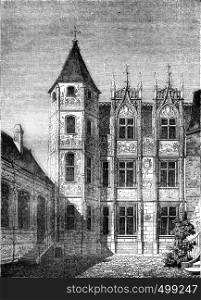 Hotel de Bourgtheroulde, in Rouen, on the Place de la Pucelle in Orleans, vintage engraved illustration. Magasin Pittoresque 1841.