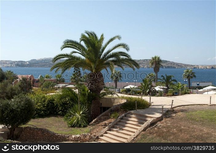 hotel garden with sea view on Malta