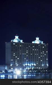 Hotel lit up at night, Westin Savannah Harbor Resort, Savannah, Georgia, USA