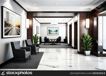 Hotel lobby interior, modern style. Neural network AI generated art. Hotel lobby interior, modern style. Neural network AI generated