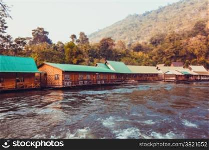 hotel on River Kwai in Kanchanaburi province, Thailand. Floating houses