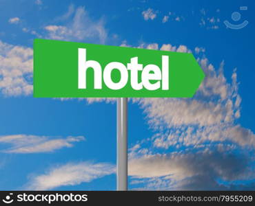 Hotel sign over green cartel, with blue sky on the back, horizontal image, 3d render