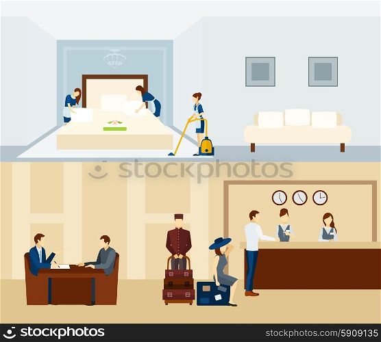 Hotel staff horizontal banner set with reception and room staff isolated vector illustration. Hotel Staff Banner