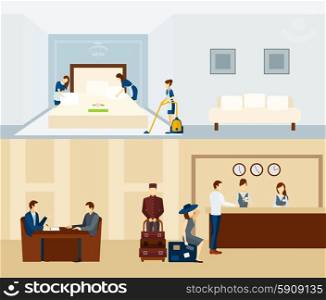Hotel staff horizontal banner set with reception and room staff isolated vector illustration. Hotel Staff Banner