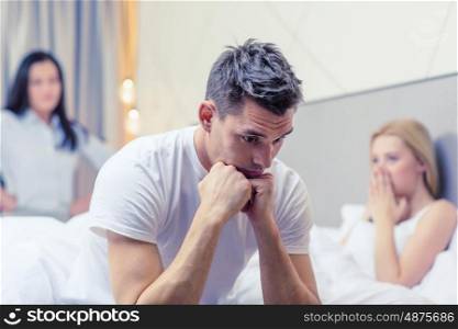 hotel, travel, relationships and sexual problems concept - wife caught man cheating with another woman