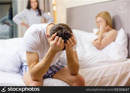 hotel, travel, relationships and sexual problems concept - wife caught man cheating with another woman