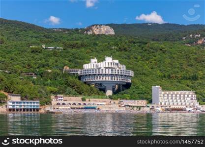 Hotels in Crimea on the green forest shore by the Black sea.. Hotels in Crimea on the green forest shore by the Black sea
