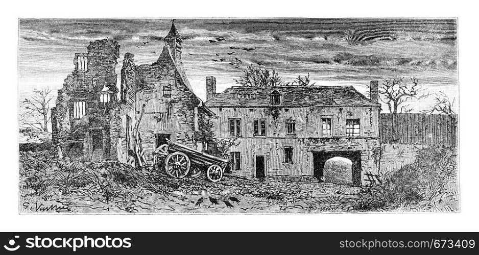 Hougomont Farm in Waterloo, Belgium, drawing by Vuillier based on a photograph, vintage illustration. Le Tour du Monde, Travel Journal, 1881