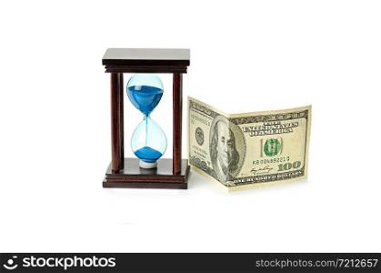 Hourglass and american dollars isolated on white background.