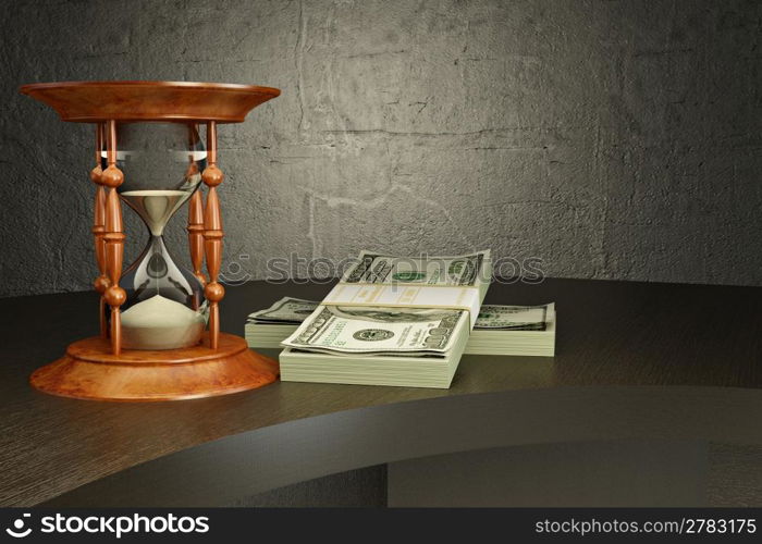 Hourglass and money on the desk. 3d