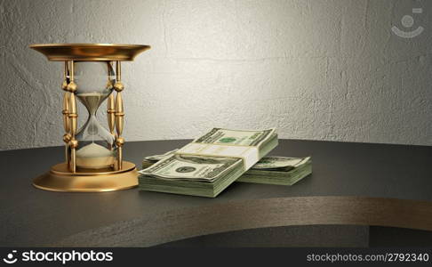 Hourglass and money on the desk. 3d