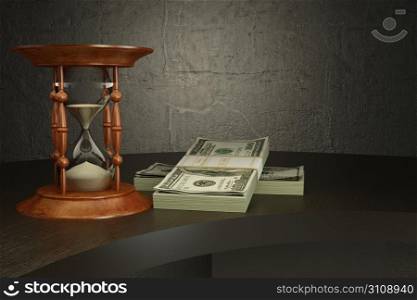 Hourglass and money on the desk. 3d