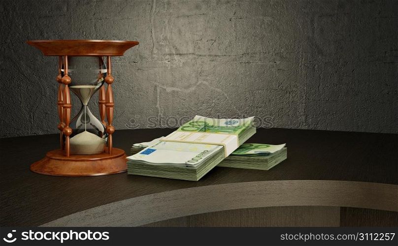 Hourglass and money on the desk. 3d