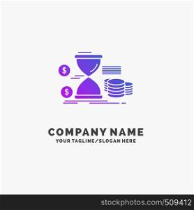 Hourglass, management, money, time, coins Purple Business Logo Template. Place for Tagline.. Vector EPS10 Abstract Template background