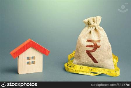 House and a indian rupee money bag. Mortgage loan. Property real estate valuation. Calculation of expenses for purchase, construction and repair. Buying and selling, fair price. Building maintenance.