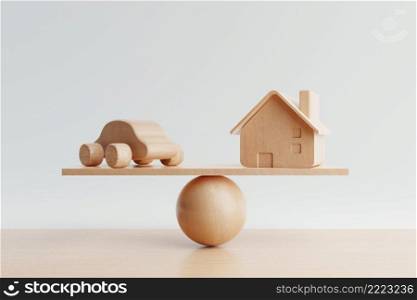 House and car coin with balancing weight scale on wooden background. Financial and Transportation production concept. Loan and real estate theme. 3D illustration rendering
