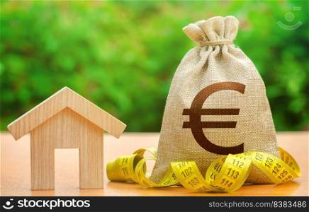 House and euro money bag. Mortgage loan calculation. Real estate appraisal. Budgeting. Rental income. Cost of home services, utilities. Energy efficiency. Property valuation. Building maintenance.