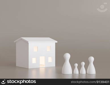 House and family figures on beige background. Insurance, homeless support, adoption concept. Buy or build a house. New property, mortgage, real estate. Home for sale. Copy space. 3d rendering. House and family figures on beige background. Insurance, homeless support, adoption concept. Buy or build a house. New property, mortgage, real estate. Home for sale. Copy space. 3d rendering.