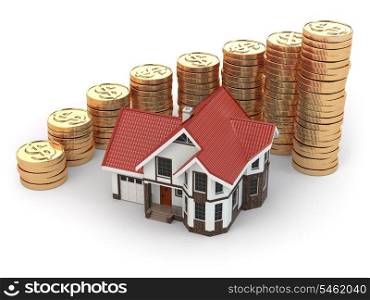 House and graph from coins. Real estate increasing. 3d