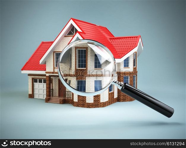House and loupe magnifying glass. Real estate searching concept. House search and house hunting. 3d