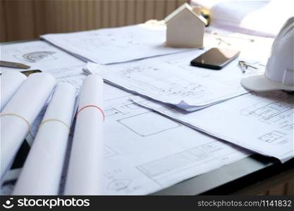 house blueprint of real estate project at architect engineer workplace. building and construction concept