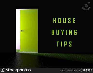 House Buying Tips Front Door Depicts Assistance Purchasing Residential Property. Real Estate And Mortgage Finance Guidance - 3d Illustration