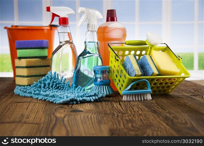 House cleaning product on wood table and window background. House cleaning product and window background