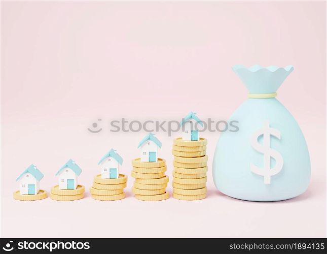 House, coins and money bags on pink background, Property Investment real estate business concept, home purchase and fund, minimal cartoon 3D rendering illustration