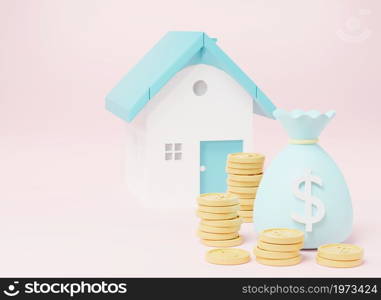 House, coins and money bags on pink background, Property Investment real estate business concept, home purchase and fund, minimal cartoon 3D rendering illustration