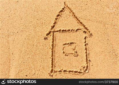 house drawing on the wet sand at the sea