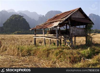 House, field and rock in Laos
