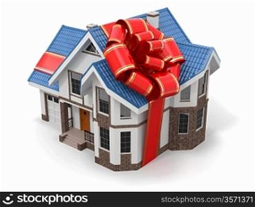 House gift. Mansion with ribbon and bow. 3d