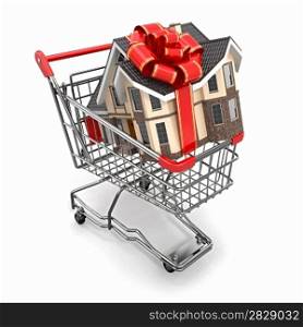 House gift with bow in shopping cart. 3d