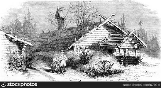 House (hut) in the north of Russia, vintage engraved illustration. Le Tour du Monde, Travel Journal, (1872).