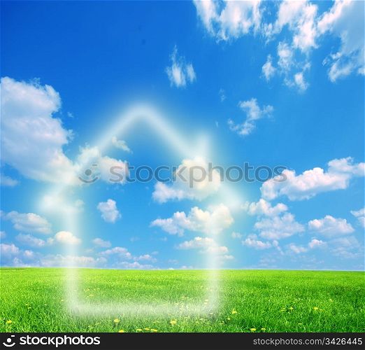 House imagination on green land. Conceptual image