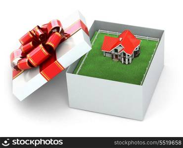 House in the gift box on white isolated background. 3d