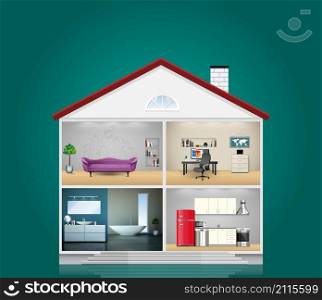 House interior - kitchen, bathroom, living room and office - home concept