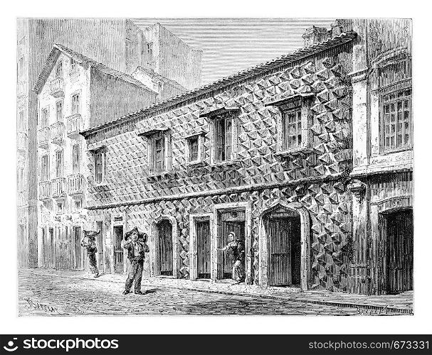 House of the Spikes or Casa dos Bicos in Lisbon, Portugal, drawing by Barclay based on a photograph, vintage engraved illustration. Le Tour du Monde, Travel Journal, 1881