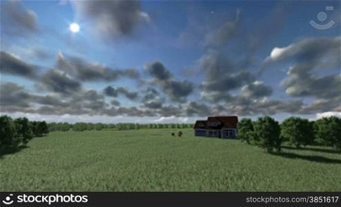House on green meadow and horses, timelapse clouds, tilt