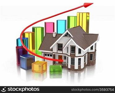 House on white background with graph. Three-dimensional image. 3d