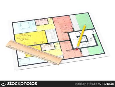 House plan with a pencil and a ruller on white background