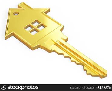 House safety rent real estate purchase concept - house shaped gold key isolated on white. House shaped key isolated on white