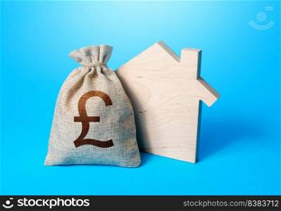 House silhouette and a british pound sterling money bag. Mortgage loan. House project development. Rental business. Property appraisal. Home purchase, investment in real estate construction.
