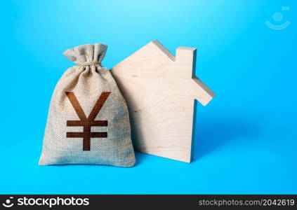 House silhouette and a chinese yuan or japanese yen symbol money bag. Purchase, investment in real estate construction. Mortgage. Realtor services. House project. Rental business. Property appraisal.