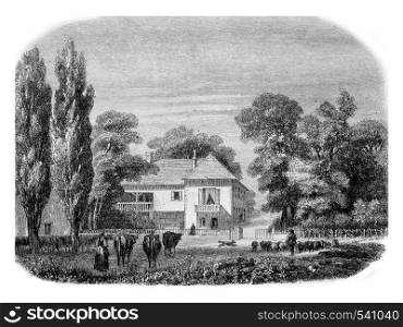 House Sismondi in Oaks, near Geneva, vintage engraved illustration. Magasin Pittoresque 1857.