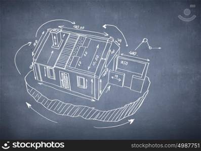 House sketch. Close up image of hand drawn house project