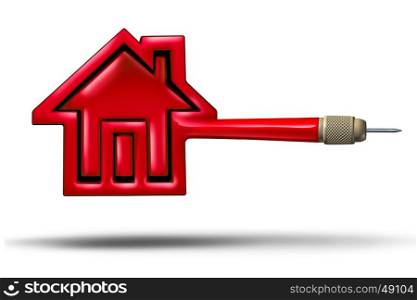 House target real estate buying or selling concept as a flying red dart shaped as a home as housing mortgage rates metaphor for realtor target as a 3D illustration white background.
