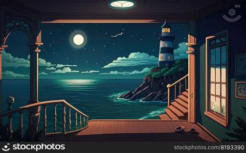 house terrace lighthouse sea shore. lighthouse travel, water building, ocean tourism, terrace sky, summer house terrace lighthouse sea shore ai generated illustration. house terrace lighthouse sea shore ai generated