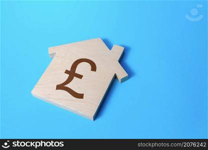 House with a british pound sterling symbol. Solving housing problems, deciding buy or rent real estate. Cost estimate. Property price valuation evaluation. Search options residential buildings.