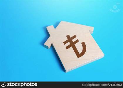 House with a turkish lira symbol. Search for options, choice of residential buildings. Property price valuation evaluation. Solving housing problems, deciding buy or rent real estate. Cost estimate.